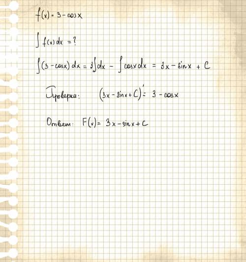 Укажите первообразную функции f(x)=3-cosx
