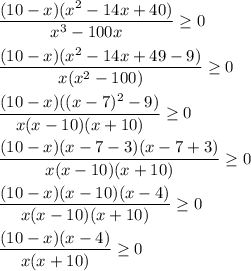 \dfrac{(10 - x)(x^2 - 14x + 40)}{x^3 - 100x} \geq 0 \\ \\ 
 \dfrac{(10 - x)(x^2 - 14x + 49 - 9)}{x(x^2 - 100)} \geq 0 \\ \\ 
 \dfrac{(10 - x)((x - 7)^2 - 9)}{x(x - 10)(x + 10)} \geq 0 \\ \\ 
 \dfrac{(10 - x)(x - 7 - 3)(x - 7 + 3)}{x(x - 10)(x + 10)} \geq 0 \\ \\ 
 \dfrac{(10 - x)(x - 10)(x - 4)}{x(x - 10)(x + 10)} \geq 0 \\ \\ 
 \dfrac{(10 - x)(x - 4)}{x(x + 10)} \geq 0