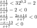 \frac{x+1}{x+7} \ \textless \ 32^{0,2} = 2\\
 \frac{x+1}{x+7} -2 \ \textless \ 0\\
 \frac{x+1}{x+7} - \frac{2x + 14}{x+7} \ \textless \ 0\\
 \frac{-x-13}{x+7} \ \textless \ 0\\