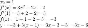 x_0=1
\\f'(x)=3x^2+2x-2
\\f'(1)=3+2-2=3
\\f(1)=1+1-2-3=-3
\\y=-3+3(x-1)=3x-3-3=3x-6