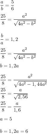 \dfrac{a}{b} = \dfrac{5}{6} \\ \\ 
\dfrac{25}{8} = \dfrac{a^2}{ \sqrt{4a^2 - b^2} } \\ \\ \\
 \dfrac{b}{a} = 1,2 \\ \\ 
\dfrac{25}{8} = \dfrac{a^2}{ \sqrt{4a^2 - b^2} } \\ \\ 
b = 1,2a \\ \\ 
 \dfrac{25}{8} = \dfrac{a^2}{ \sqrt{4a^2 - 1,44a^2} } \\ \\ 
\dfrac{25}{8} = \dfrac{a}{ \sqrt{2,56} } \\ \\ 
\dfrac{25}{8} = \dfrac{a}{1,6} \\ \\ 
a = 5 \\ \\ 
b = 1,2a = 6