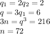 q_1=2q_2=2\\
q=3q_1=6\\
3n = q^3=216\\
n = 72