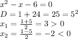 x^2-x-6=0
\\D=1+24=25=5^2
\\x_1= \frac{1+5}{2}=3\ \textgreater \ 0
\\x_2= \frac{1-5}{2}=-2\ \textless \ 0