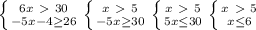\left \{ {{6x\ \textgreater \ 30} \atop {-5x-4 \geq 26}} \right. 
 \left \{ {{x\ \textgreater \ 5} \atop {-5x \geq 30}} \right. 
 \left \{ {{x\ \textgreater \ 5} \atop {5x \leq 30}} \right. 
 \left \{ {{x\ \textgreater \ 5} \atop {x \leq 6}} \right.