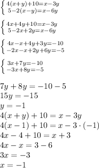 \left \{ {{4(x+y)+10=x-3y} \atop {5-2(x-y)=x-6y}} \right. \\\\
 \left \{ {{4x+4y+10=x-3y} \atop {5-2x+2y=x-6y}} \right. \\\\
 \left \{ {{4x-x+4y+3y=-10} \atop {-2x-x+2y+6y=-5}} \right. \\\\
\left \{ {{3x+7y=-10} \atop {-3x+8y=-5}} \right. \\\\
7y + 8y = -10-5\\
15y = -15\\
y=-1\\
4(x+y)+10=x-3y\\
4(x-1)+10=x-3 \cdot (-1)\\
4x-4+10=x+3\\
4x-x=3-6\\
3x=-3\\
x=-1



