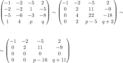 \begin{pmatrix}
-1 & -2& -5& 2\\ 
 -2& -2& 1& -5\\ 
 -5& -6& -3& -8\\ 
 1& 4& p& q
\end{pmatrix}\sim\begin{pmatrix}
 -1& -2 & -5 & 2\\ 
 0& 2 & 11 &-9 \\ 
 0& 4 & 22 & -18\\ 
 0& 2 &p-5 & q+2
\end{pmatrix}\sim\\ \\ \\ \\ \sim\begin{pmatrix}
 -1& -2 &-5 & 2\\ 
 0& 2 & 11 &-9 \\ 
 0&0 &0 &0 \\ 
 0&0 & p-16 &q+11 
\end{pmatrix}