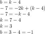 b=k-4 \\ 
-7=-2k+(k-4) \\ 
-7=-k-4 \\ 
k=7-4 \\ k=3 \\ b=3-4=-1