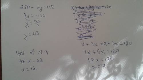 250-3y=115 x+3x+2×3x=120 (48-x)÷8=4