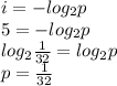 i = -log_2 p\\
5 = -log_2 p\\
log_2 \frac{1}{32} = log_2 p\\
p = \frac {1}{32}
