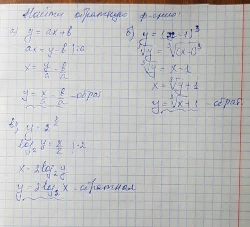 Найти обратную функцию: а)y=ax+b. б)y=(y-1)^3. в)y=2^(x/2)