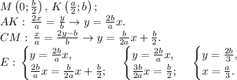 M\left(0;\frac{b}{2}\right),\,K\left(\frac{a}{2};b\right);\\
AK:\,\frac{2x}{a}=\frac{y}{b}\to y=\frac{2b}{a}x.\\
CM:\,\frac{x}{a}=\frac{2y-b}{b}\to y=\frac{b}{2a}x+\frac{b}{2}.\\
E:\,\begin{cases}y=\frac{2b}{a}x,\\
\frac{2b}{a}x=\frac{b}{2a}x+\frac{b}{2};\end{cases}\,\begin{cases}y=\frac{2b}{a}x,\\
\frac{3b}{2a}x=\frac{b}{2};\end{cases}\,\begin{cases}y=\frac{2b}{3},\\
x=\frac{a}{3}.\end{cases}