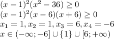 (x-1)^2(x^2-36) \geq 0\\
(x-1)^2(x-6)(x+6) \geq 0\\
x_1=1,x_2=1,x_3=6,x_4=-6\\
x\in (-\infty;-6]\cup \{ 1\} \cup [6;+\infty)