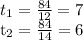 t_{1} = \frac{84}{12}= 7
 
 t_{2} = \frac{84}{14}=6 
