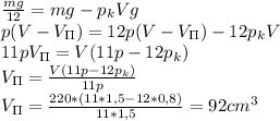 \frac{mg}{12}=mg-p_kVg\\
p(V-V_\Pi)=12p(V-V_\Pi)-12p_kV\\
11pV_\Pi=V(11p-12p_k)\\
V_\Pi= \frac{V(11p-12p_k)}{11p}\\
V_\Pi= \frac{220*(11*1,5-12*0,8)}{11*1,5}=92 cm^3