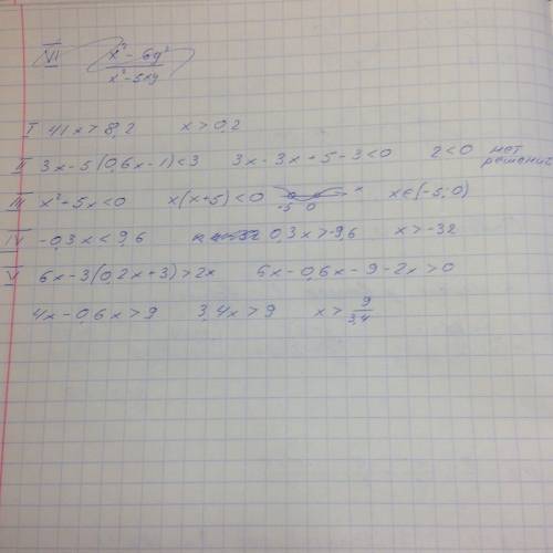 Решить неравенства 41x> 8,2 3x-5(0,6x-1)< 3 x^+5x< 0 -0,3x< 9,6 6x-3(0,2x+3)> 2x