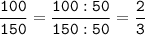\tt\displaystyle\frac{100}{150}=\frac{100:50}{150:50}=\frac{2}{3}\\