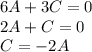 6A+3C=0 \\\
2A+C=0 \\\ C=-2A