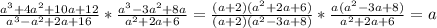 \frac{ a^{3}+4a^2+10a+12}{a^3-a^2+2a+16} * \frac{a^3-3a^2+8a}{a^2+2a+6} =
 \frac{(a + 2) (a^2 + 2 a + 6)}{(a + 2) (a^2 - 3 a + 8)} * \frac{a(a^2-3a+8)}{a^2+2a+6} = a