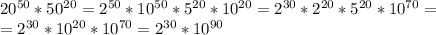 20^{50}*50^{20}=2^{50}*10^{50}*5^{20}*10^{20}=
2^{30}*2^{20}*5^{20}*10^{70}= \\ =2^{30}*10^{20}*10^{70}=2^{30}*10^{90}