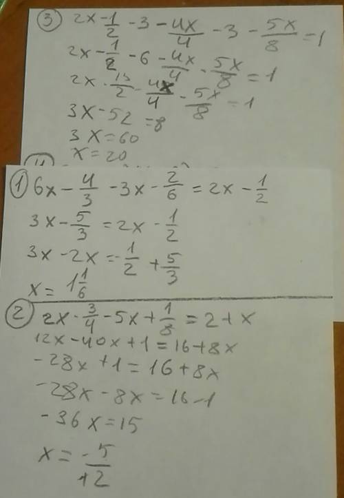 1)6x-4/3-3x-2/6=2x-1/2 2)2x-3/4-5x+1/8=2+x 3)2x-1/2-3-4x/4-3-5x/8=1 4)/x+3/=19 5)(3k+5)(k-6)=0
