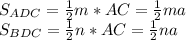 S_{ADC}= \frac{1}{2} m *AC=\frac{1}{2} m a \\ S_{BDC}= \frac{1}{2}n *AC=\frac{1}{2} n a