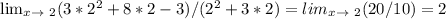 \lim_{x \to \ 2} (3*2^2 + 8*2 - 3) / (2^2 + 3*2)= lim_{x \to \ 2} (20/10)=2