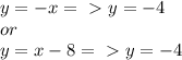 y = -x =\ \textgreater \ y = -4 \\
or\\
y = x - 8 =\ \textgreater \ y = -4