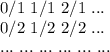 0/1\ 1/1\ 2/1\ ...\\
0/2\ 1/2\ 2/2\ ...\\
...\ ...\ ...\ ...\ ...\ ...