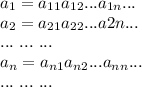a_1=a_{11} a_{12}...a_{1n}...\\
a_2=a_{21} a_{22}...a{2n}...\\
...\ ...\ ...\\
a_n=a_{n1} a_{n2}...a_{nn}...\\
...\ ...\ ...
