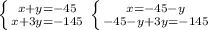 \left \{ {{x+y=-45} \atop {x+3y=-145}} \right. 
 \left \{ {{x=-45-y} \atop {-45-y+3y=-145}} \right. 
