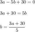 3a-5b+30=0 \\ \\
3a + 30 = 5b\\ \\
b= \cfrac{3a+30}{5}