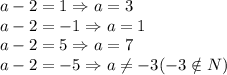 a-2=1\Rightarrow a=3
\\\
a-2=-1\Rightarrow a=1
\\\
a-2=5\Rightarrow a=7
\\\
a-2=-5\Rightarrow a \neq -3(-3\notin N)