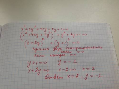Найдите числа х и у удовлетворяющие условию х^2+5у^2+4ху+2у+1=0 , !