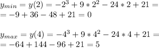y_{min}= y(2)=-2^3+9*2^2-24*2+21= \\ =-9+36-48+21=0 \\ \\ 
 y_{max}= y(4)=-4^3+9*4^2-24*4+21= \\ =-64+144-96+21=5