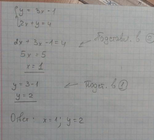 У=3х-1 2х+у=4 решите методом подстановки 40