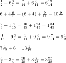\frac{1}{2} + 6 \frac{3}{7} = \frac{7}{14} + 6 \frac{6}{14} = 6 \frac{13}{14} \\ \\ 
6 + 4 \frac{9}{11} = (6+4) + \frac{9}{11} =10 \frac{9}{11} \\ \\ 
 \frac{2}{9} +1 \frac{8}{15} = \frac{10}{45} +1 \frac{24}{45} =1 \frac{34}{45} \\ \\ 
 \frac{1}{14} +9 \frac{3}{7} = \frac{1}{14} +9 \frac{6}{14} =9 \frac{7}{14} =9 \frac{1}{2} \\ \\ 
7 \frac{1}{12} + 6 = 13 \frac{1}{12} \\ \\ 
 \frac{5}{7} + 3 \frac{1}{4} = \frac{20}{28} +3 \frac{7}{28} =3 \frac{27}{28} \\ \\ 
