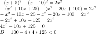 -(x+5)^2-(x-10)^2=2x^2
\\-(x^2+10x+25)-(x^2-20x+100)=2x^2
\\-x^2-10x-25-x^2+20x-100=2x^2
\\-2x^2+10x-125=2x^2
\\4x^2-10x+125=0
\\D=100-4*4*125\ \textless \ 0