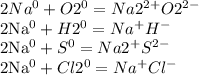 2Na ^{0} + O2^{0} = Na2 ^{2+} O2 ^{2-} 

 2Na^{0}+ H2 ^{0} = Na^{+} H^{-} 

 2Na^{0} + S^{0}= Na2^{+} S^{2-} 

 2Na^{0} + Cl2^{0} = Na^{+} Cl^{-}