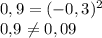 0,9= (-0,3)^{2} 

0,9 \neq 0,09