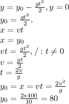 y= y_{0} - \frac{g t^{2} }{2} , y=0 \\ y_{0}=\frac{g t^{2} }{2}. \\ 
x=vt \\ x=y_{0} \\ 
vt=\frac{g t^{2} }{2}, /:t \neq 0 \\ 
v=\frac{g t}{2} \\ t= \frac{2v}{g} \\ 
y_{0}=x=vt =\frac{2v^{2} }{g} \\ 
y_{0}= \frac{2*400}{10}=80