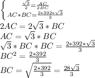 \left \{ {{\frac{\sqrt{3}}{2}} = \frac{AC}{2BC} } \atop {AC*BC= \frac{2*392*\sqrt{3}}{3}}} \right.
\\2AC=2\sqrt{3}*BC
\\AC=\sqrt{3}*BC
\\\sqrt{3}*BC*BC=\frac{2*392*\sqrt{3}}{3}
\\BC^2= \frac{2*392}{3} 
\\BC=\sqrt{ \frac{2*392}{3} }= \frac{28\sqrt{3}}{3}