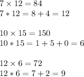 7\times12=84\\
7*12=8+4=12\\\\
10\times15=150\\
10*15=1+5+0=6\\\\
12\times6=72\\
12*6=7+2=9\\\\