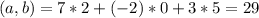 (a,b) = 7*2+(-2)*0+3*5 = 29