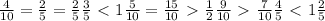 \frac{4}{10} = \frac{2}{5} = \frac{2}{5} 
 \frac{3}{5} \ \textless \ 1 \frac{5}{10}= \frac{15}{10} \ \textgreater \ \frac{1}{2} 
 \frac{9}{10} \ \textgreater \ \frac{7}{10} 
 \frac{4}{5} \ \textless \ 1\frac{2}{5}