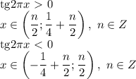\mathrm{tg}2 \pi x\ \textgreater \ 0
\\\
x\in\left(\dfrac{n}{2} ;\dfrac{1 }{4} + \dfrac{n}{2} \right), \ n\in Z
\\\
\mathrm{tg}2 \pi x\ \textless \ 0
\\\
x\in\left(-\dfrac{1 }{4} + \dfrac{n}{2};\dfrac{n}{2} \right), \ n\in Z