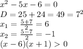 x^2-5x-6=0
\\D=25+24=49=7^2
\\x_1= \frac{5+7}{2} =6
\\x_2= \frac{5-7}{2} =-1
\\(x-6)(x+1)\ \textgreater \ 0