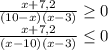 \frac{x+7,2}{(10-x)(x-3)} \geq 0
\\ \frac{x+7,2}{(x-10)(x-3)} \leq 0