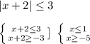 |x+2| \leq 3 \\ \\
 \left \{ {{x+2 \leq 3} \atop {x+2 \geq -3}} \right. ] \ \left \{ {{x \leq 1} \atop {x \geq -5}} \right.
