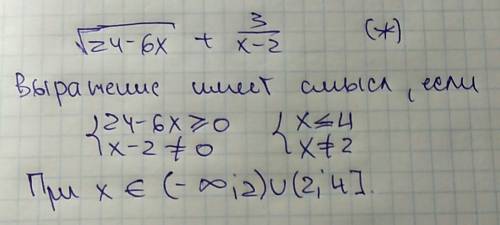 При каких значениях переменной имеет смысл выражение sqrt(24-6x) + 3/(x-2)?