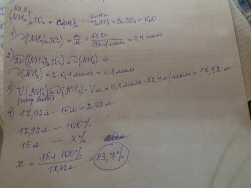 При взаємодії 52,8 г амоній сульфатом з кальцій гідроксидом добув 15 л аміаку. обчисліть об'ємну час